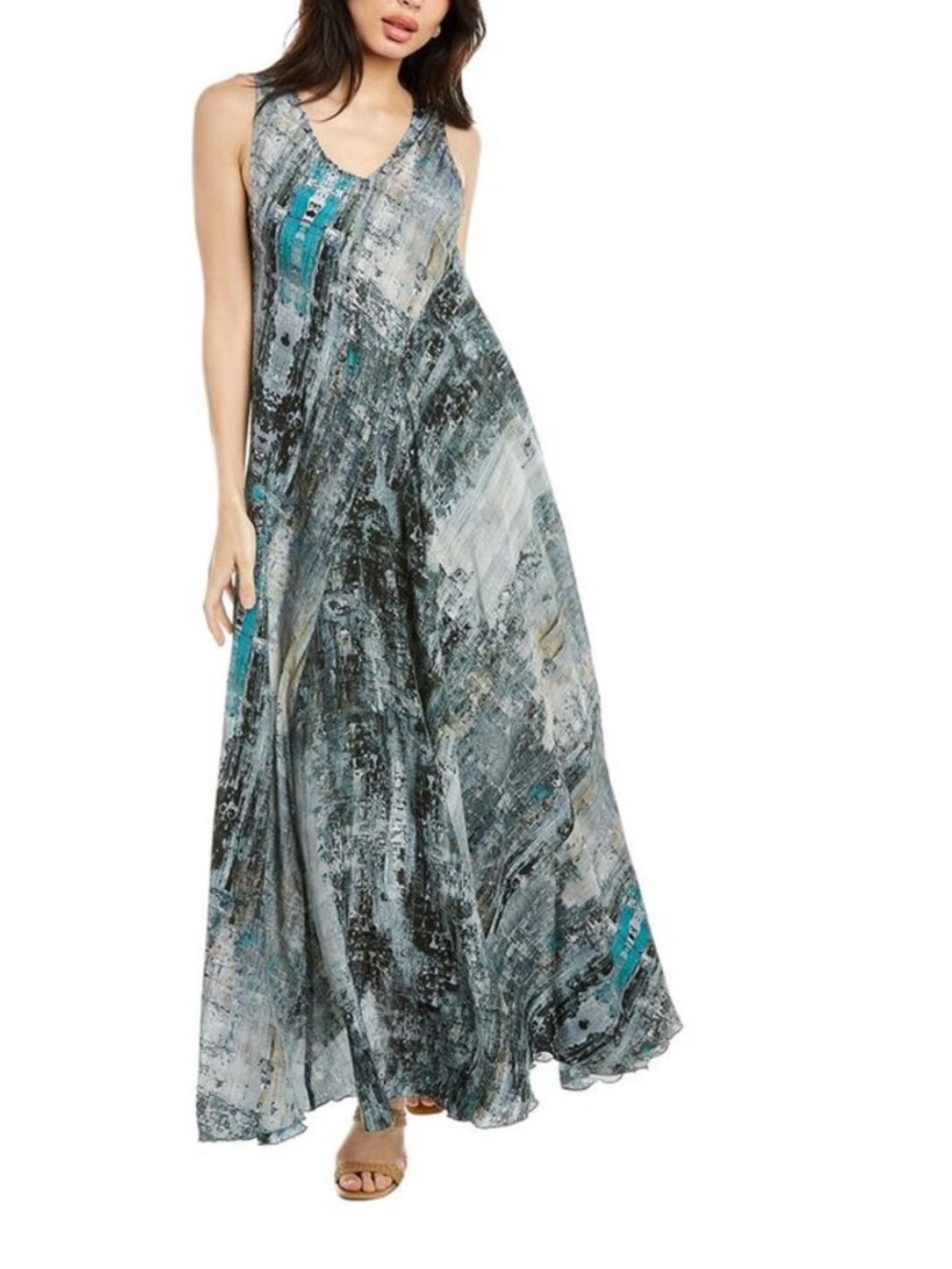 Johnny Was Arowal Silk Sleeveless Abstract Print Maxi Dress in Teal and Gray